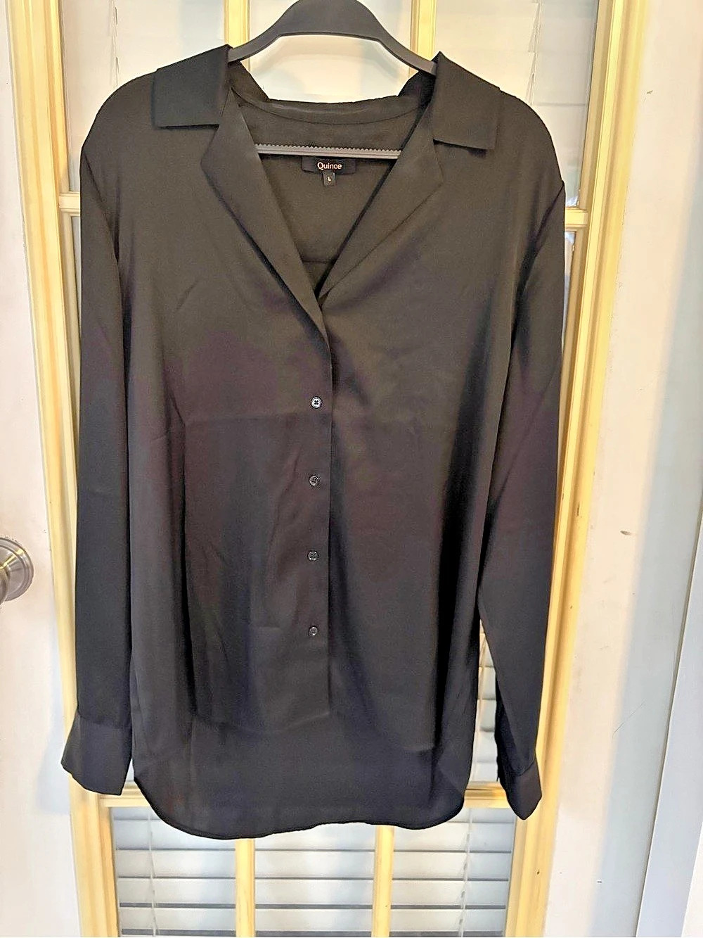 Quince Washable Stretch Silk Long Sleeve Button-Up Shirt Black Large